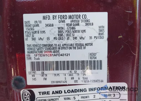 2010 Ford F-150 Fx2 Sport/Xl/Xlt z USA, uszkodzony, nr VIN 1FTEW1C81AFD43121